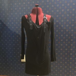 LAST CHANCE Chic Black Blouse with Silver Buckle Shoulder Accents